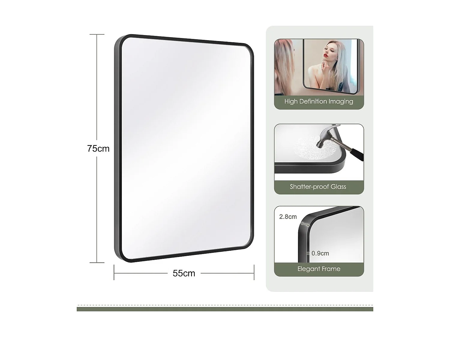 75x55cm Rechthoekige badkamerspiegel met aluminium frame, wandspiegel/kleedkamer/woonkamerdecoratie HD make-upspiegel (zwart)