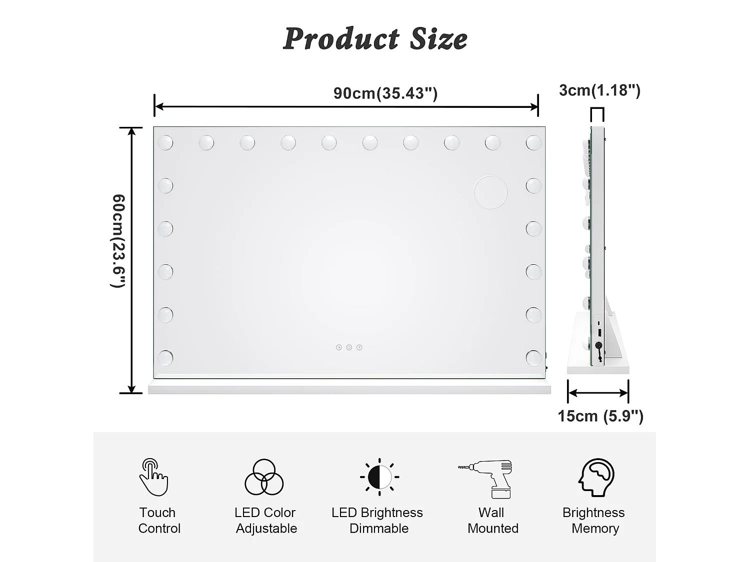 Hollywood make-upspiegel 20 LED's, 90x60cm, 3 standen, Verstelbare helderheid, Touchbediening, USB-poort, Tafel- of wandmontage, Wit