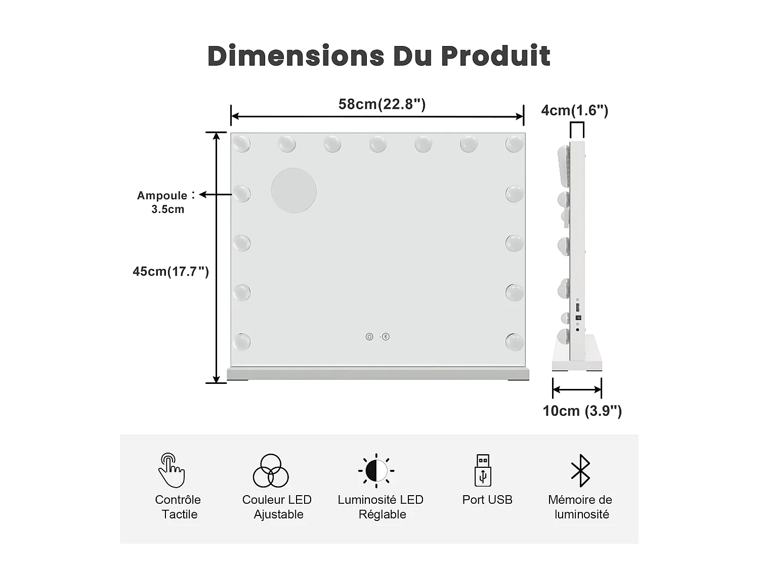 15 LED verlichte make-upspiegel met Bluetooth, Hollywood make-upspiegel met Touchbediening, instelbare helderheid, 58 x 45 cm - Wit
