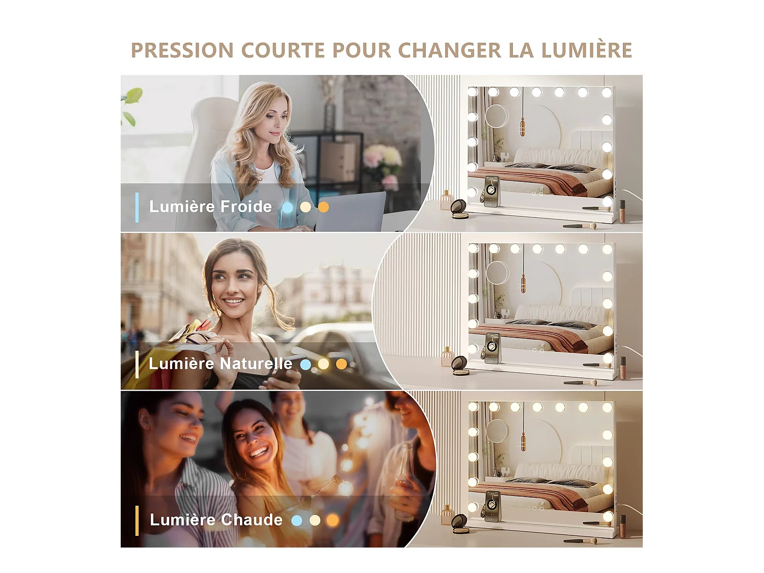 15 LED verlichte make-upspiegel met Bluetooth, Hollywood make-upspiegel met Touchbediening, instelbare helderheid, 58 x 45 cm - Wit