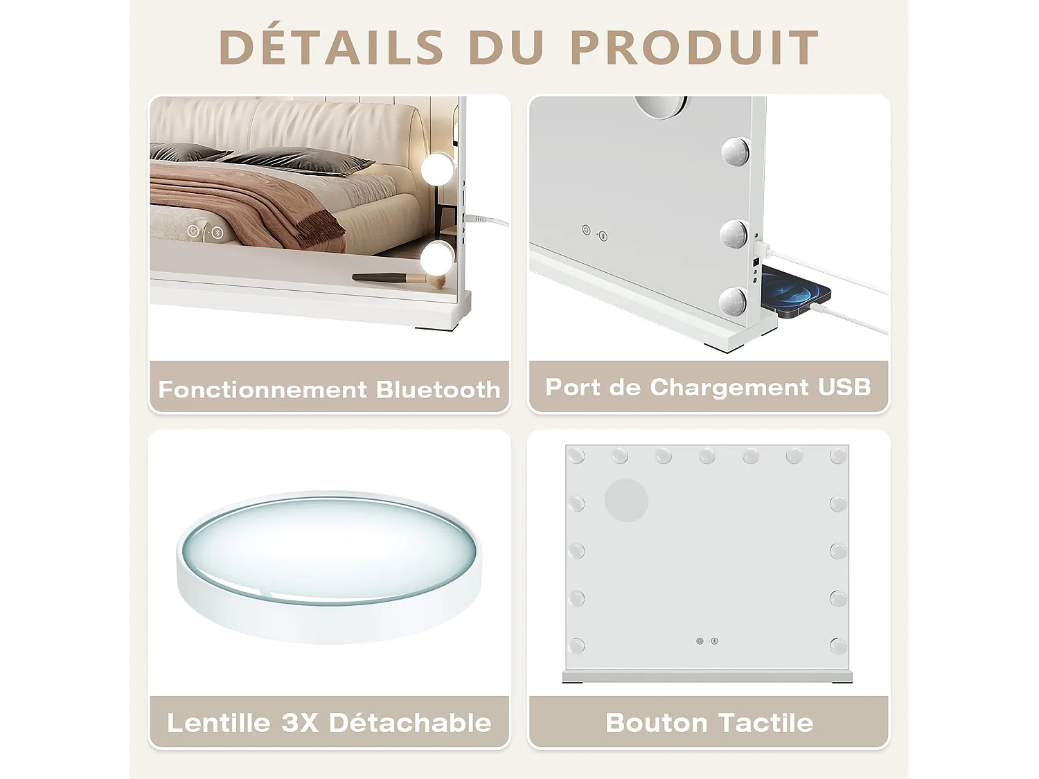 15 LED verlichte make-upspiegel met Bluetooth, Hollywood make-upspiegel met Touchbediening, instelbare helderheid, 58 x 45 cm - Wit