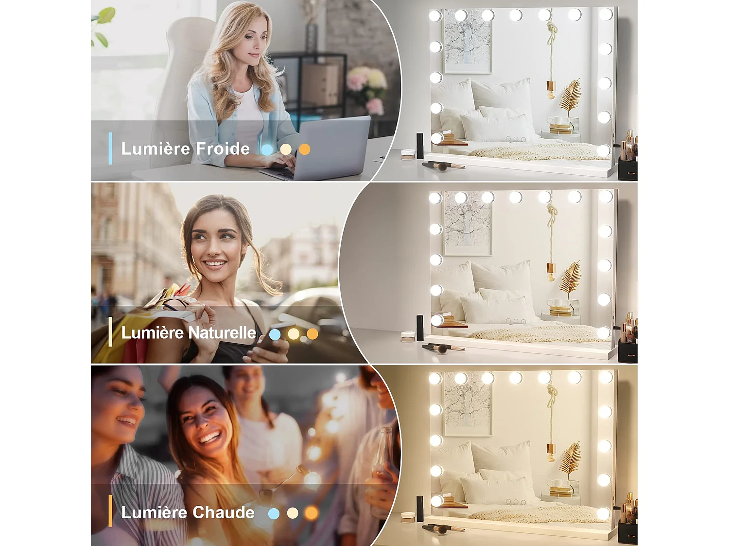 Hollywood make-upspiegel 58x45cm, 15 LED's, 3 Standen, Verstelbare helderheid, Touchbediening, USB-poort, Tafel- of wandmontage, Wit