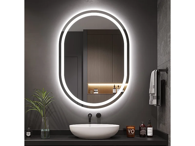 50x70cm ovale LED spiegel met verlichting, anti-condens, dimbaar 3 kleuren, verstelbare make-upspiegel met aanraakschakelaar