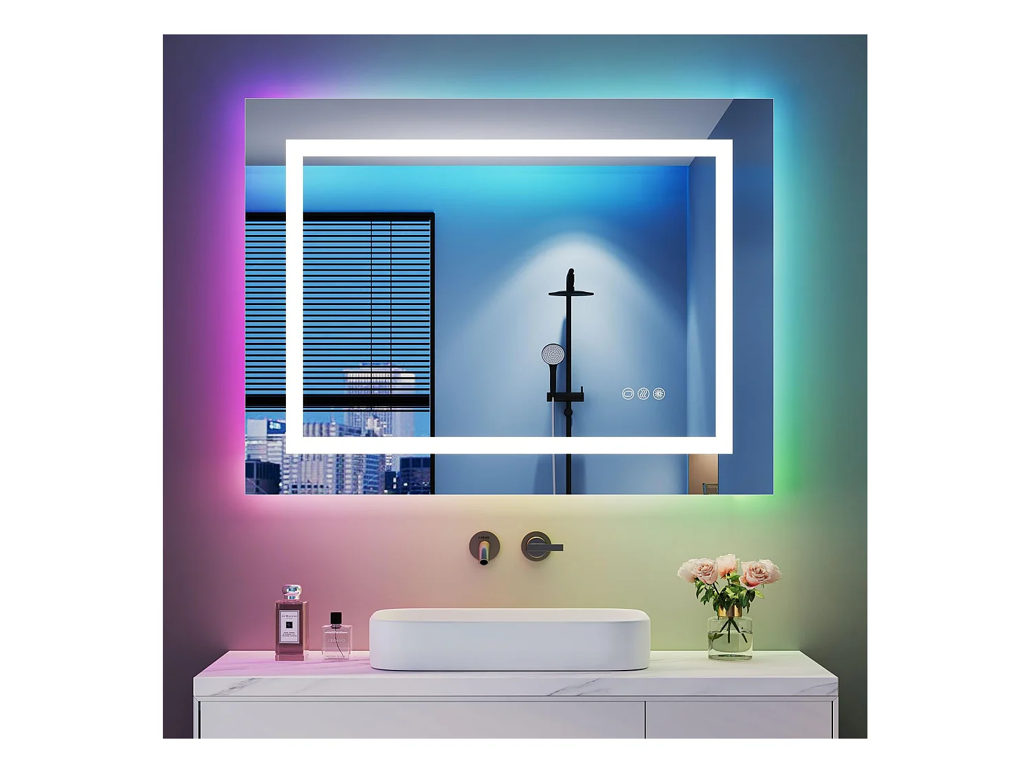 Miroir Salle de Bain LED 80x60cm, 45W, anti-buée, 8 modes d’éclairage RGB, dimmable, 3 couleurs, fonction mémoire, interrupteur tactile, idéal salon coiffure