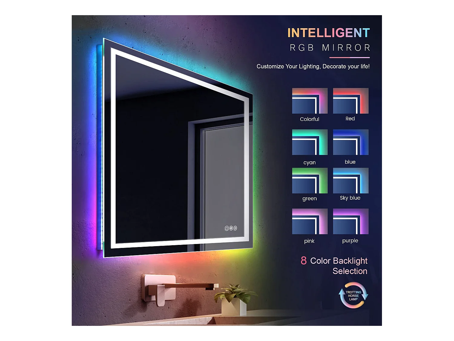 Miroir Salle de Bain LED 80x60cm, 45W, anti-buée, 8 modes d’éclairage RGB, dimmable, 3 couleurs, fonction mémoire, interrupteur tactile, idéal salon coiffure