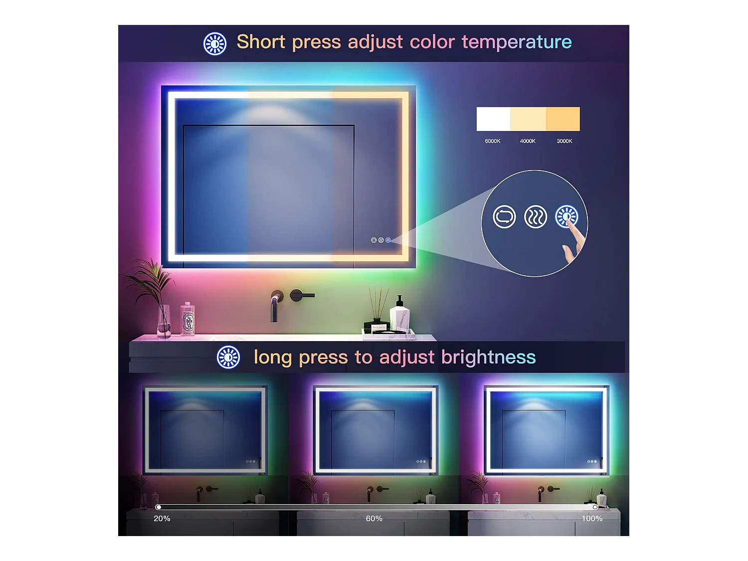 Miroir Salle de Bain LED 80x60cm, 45W, anti-buée, 8 modes d’éclairage RGB, dimmable, 3 couleurs, fonction mémoire, interrupteur tactile, idéal salon coiffure
