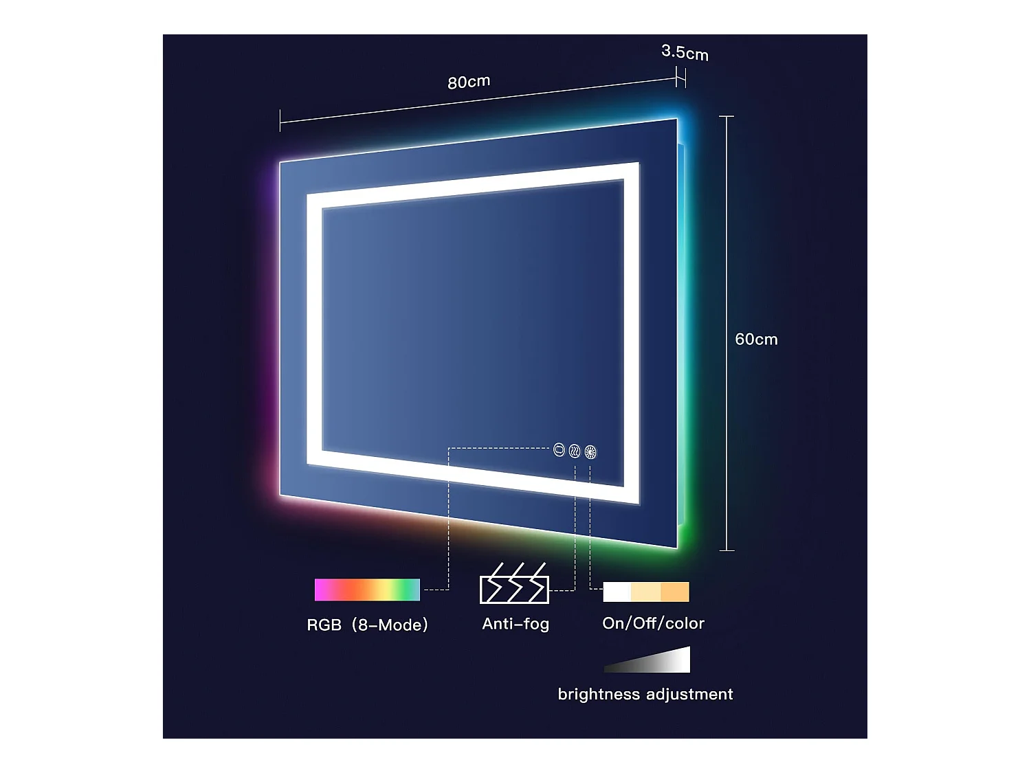 Miroir Salle de Bain LED 80x60cm, 45W, anti-buée, 8 modes d’éclairage RGB, dimmable, 3 couleurs, fonction mémoire, interrupteur tactile, idéal salon coiffure