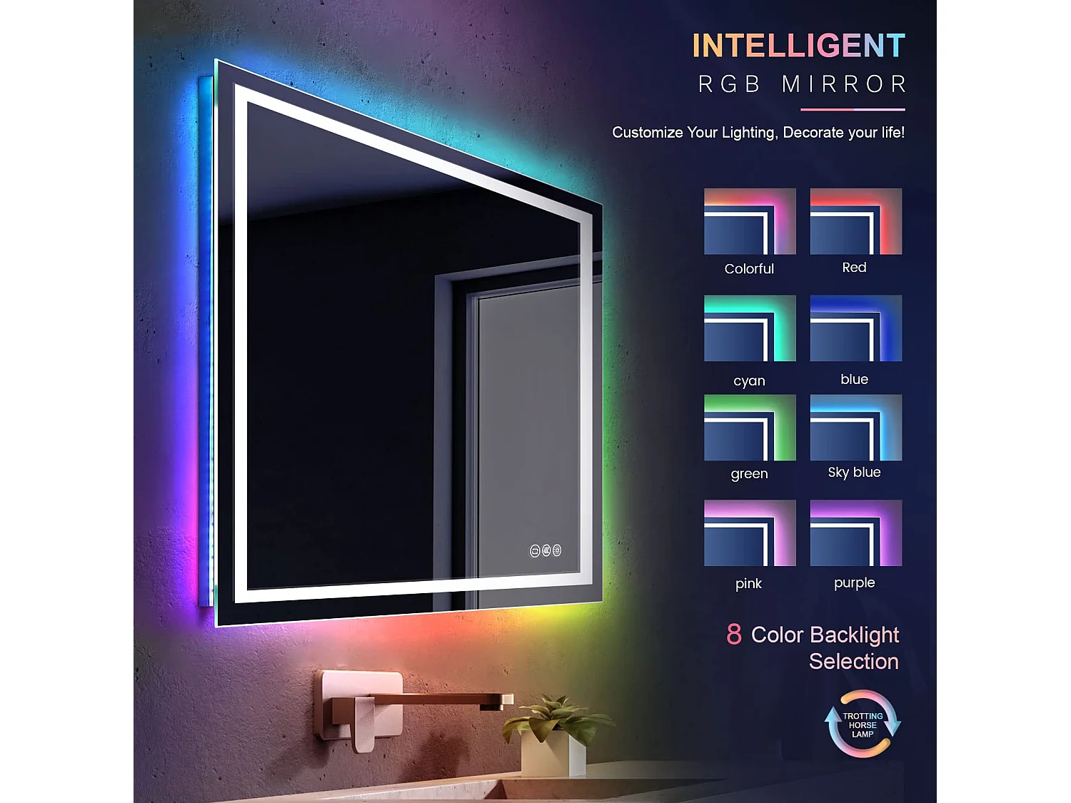 Miroir Salle de Bain LED 80x60cm, 45W, anti-buée, 8 modes d’éclairage RGB, dimmable, 3 couleurs, fonction mémoire, interrupteur tactile, idéal salon coiffure