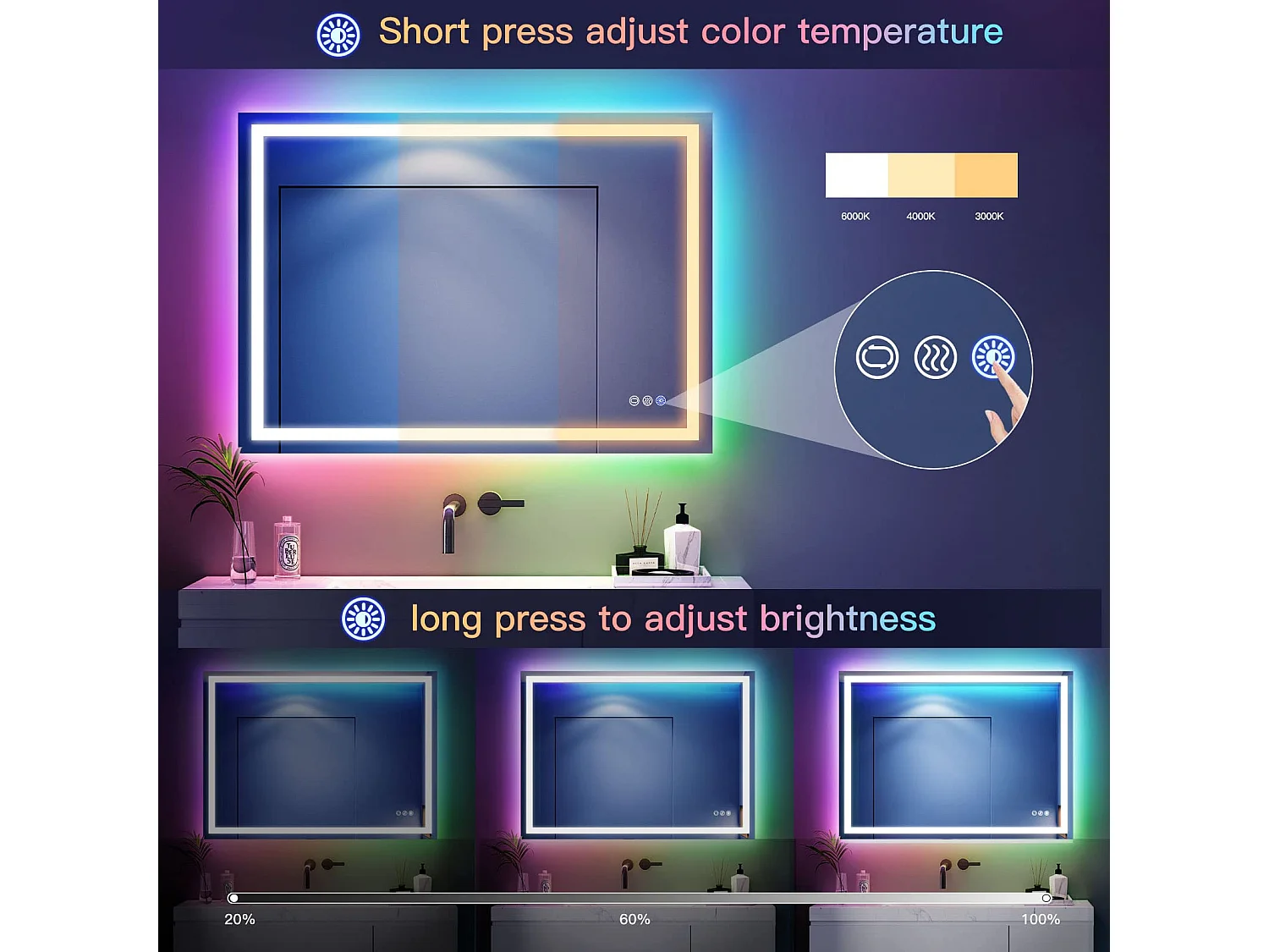 Miroir Salle de Bain LED 80x60cm, 45W, anti-buée, 8 modes d’éclairage RGB, dimmable, 3 couleurs, fonction mémoire, interrupteur tactile, idéal salon coiffure