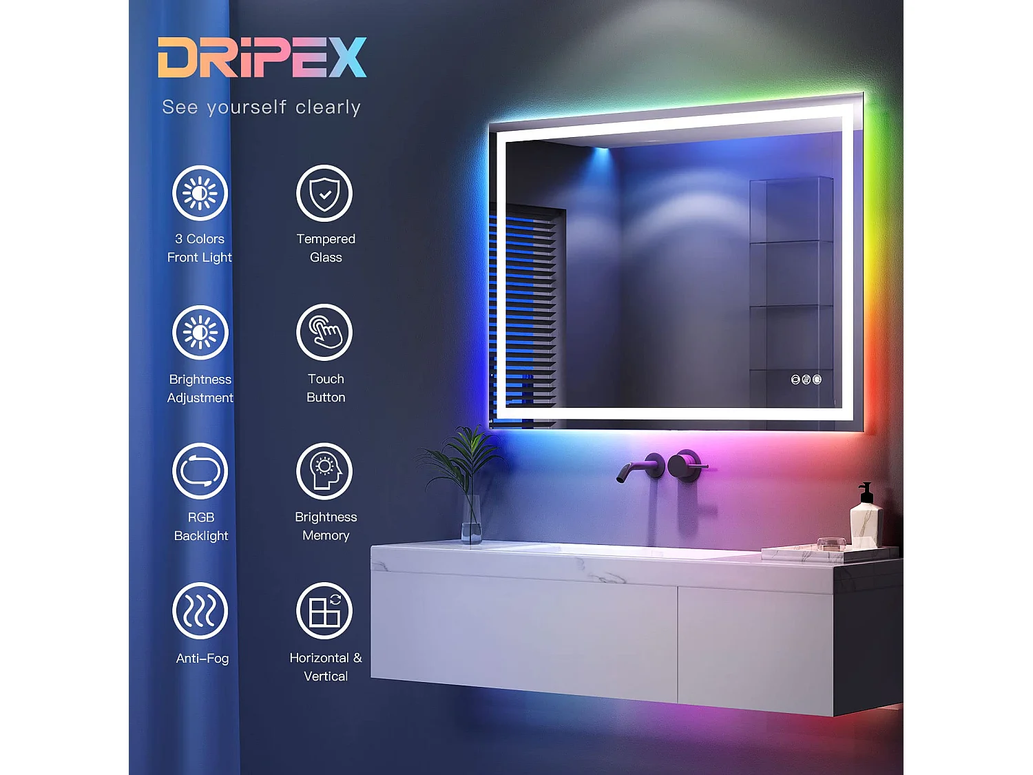 Miroir Salle de Bain LED 80x60cm, 45W, anti-buée, 8 modes d’éclairage RGB, dimmable, 3 couleurs, fonction mémoire, interrupteur tactile, idéal salon coiffure