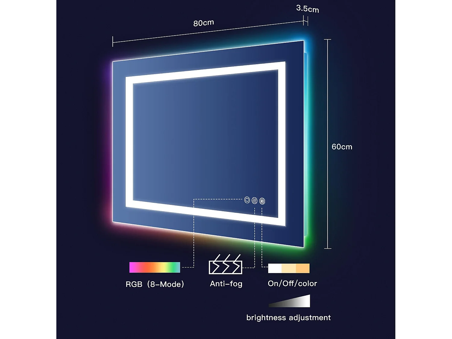Miroir Salle de Bain LED 80x60cm, 45W, anti-buée, 8 modes d’éclairage RGB, dimmable, 3 couleurs, fonction mémoire, interrupteur tactile, idéal salon coiffure