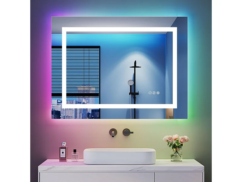 LED-badkamerspiegel 80x60cm, 45W, anti-condens, 8 RGB-verlichtingsstanden, dimbaar, 3 kleuren, geheugenfunctie, aanraakschakelaar, ideaal voor kapsalons