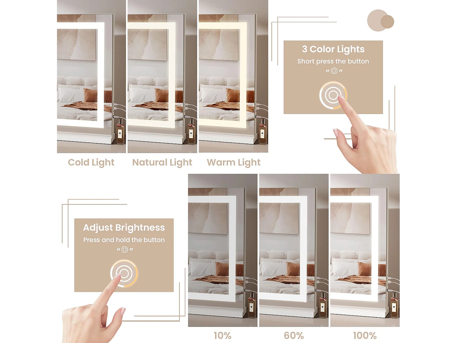 Verlichte make-upspiegel van 58 x 48 cm, Hollywood LED Bluetooth-spiegel met aanraakbediening, 3 helderheidsstanden, voor tafel en muur, type C en USB - wit