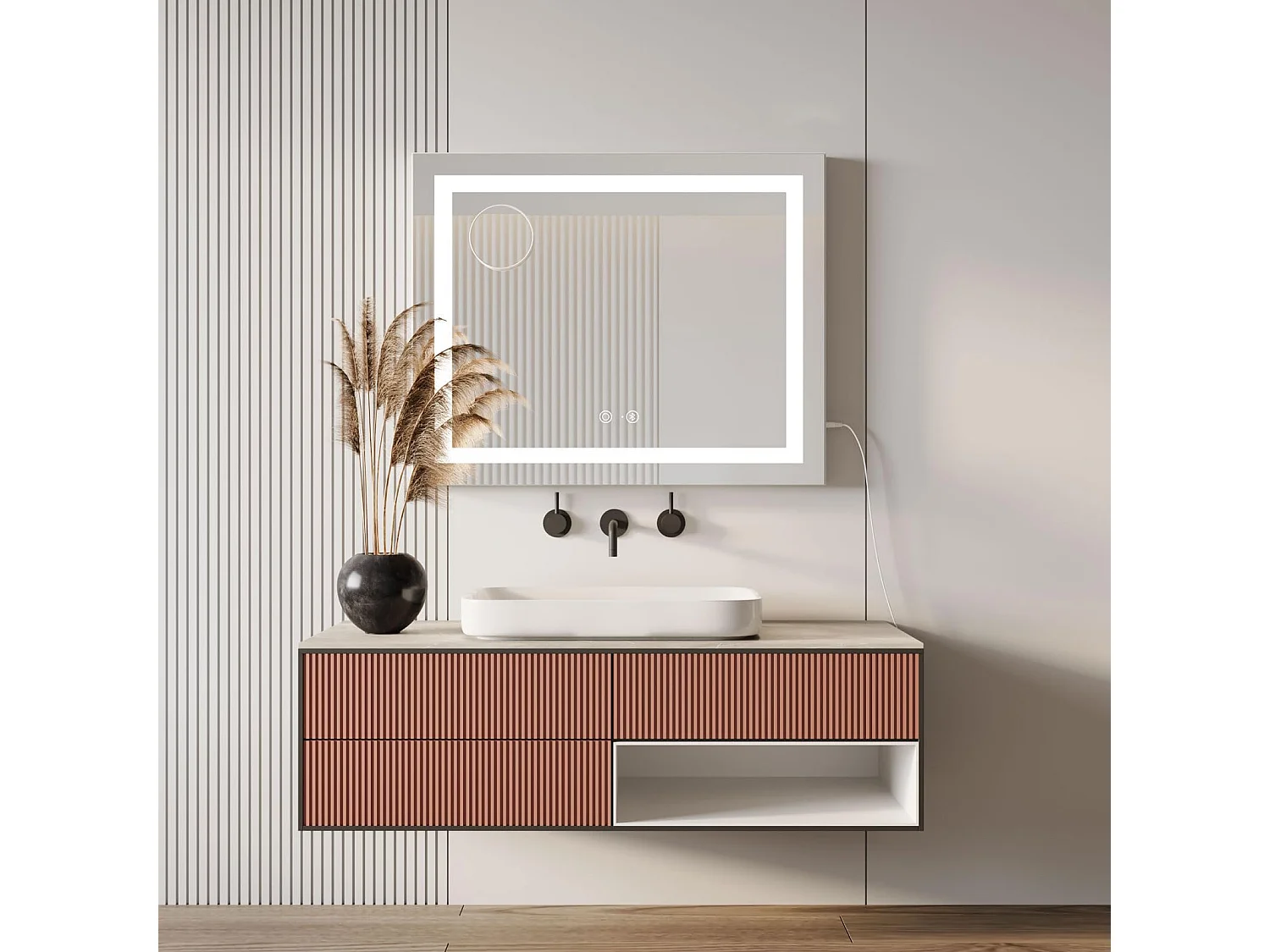 Verlichte make-upspiegel van 58 x 48 cm, Hollywood LED Bluetooth-spiegel met aanraakbediening, 3 helderheidsstanden, voor tafel en muur, type C en USB - wit