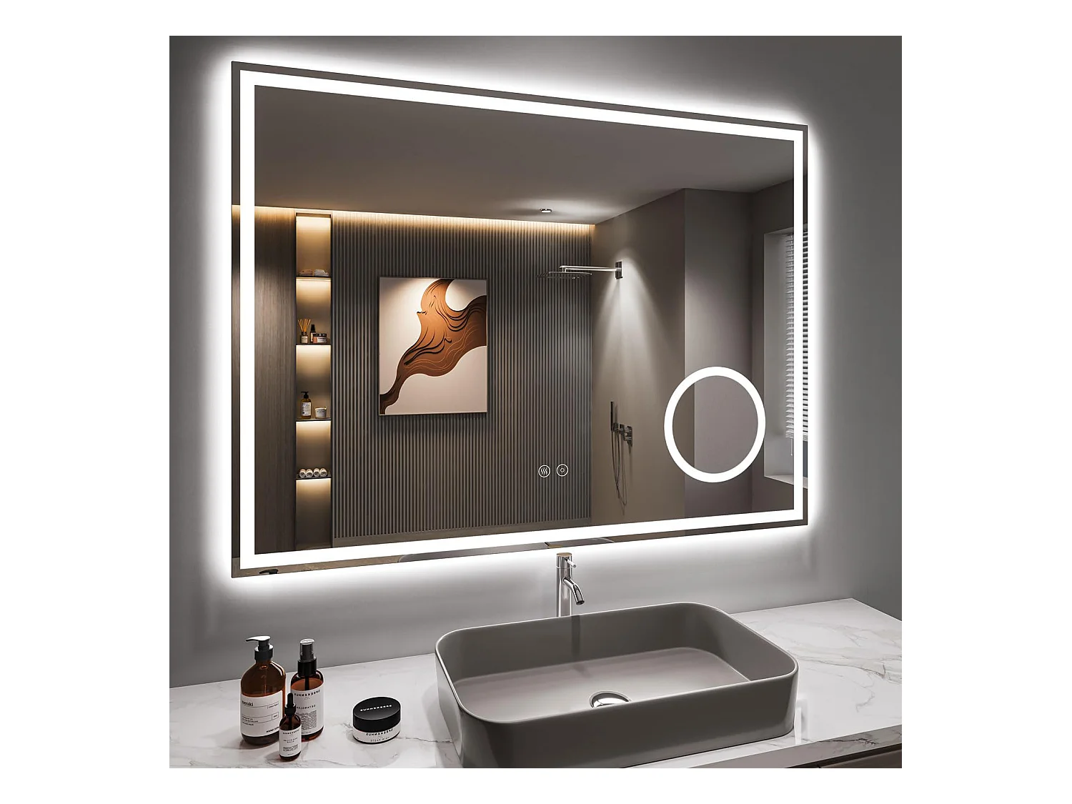 80 x 60 cm badkamerspiegel, 45 W LED, met 3x vergrootglas, anti-condens 3-kleurige dimbare verlichting, geïntegreerde scheerstopcontact, IP44 waterdicht