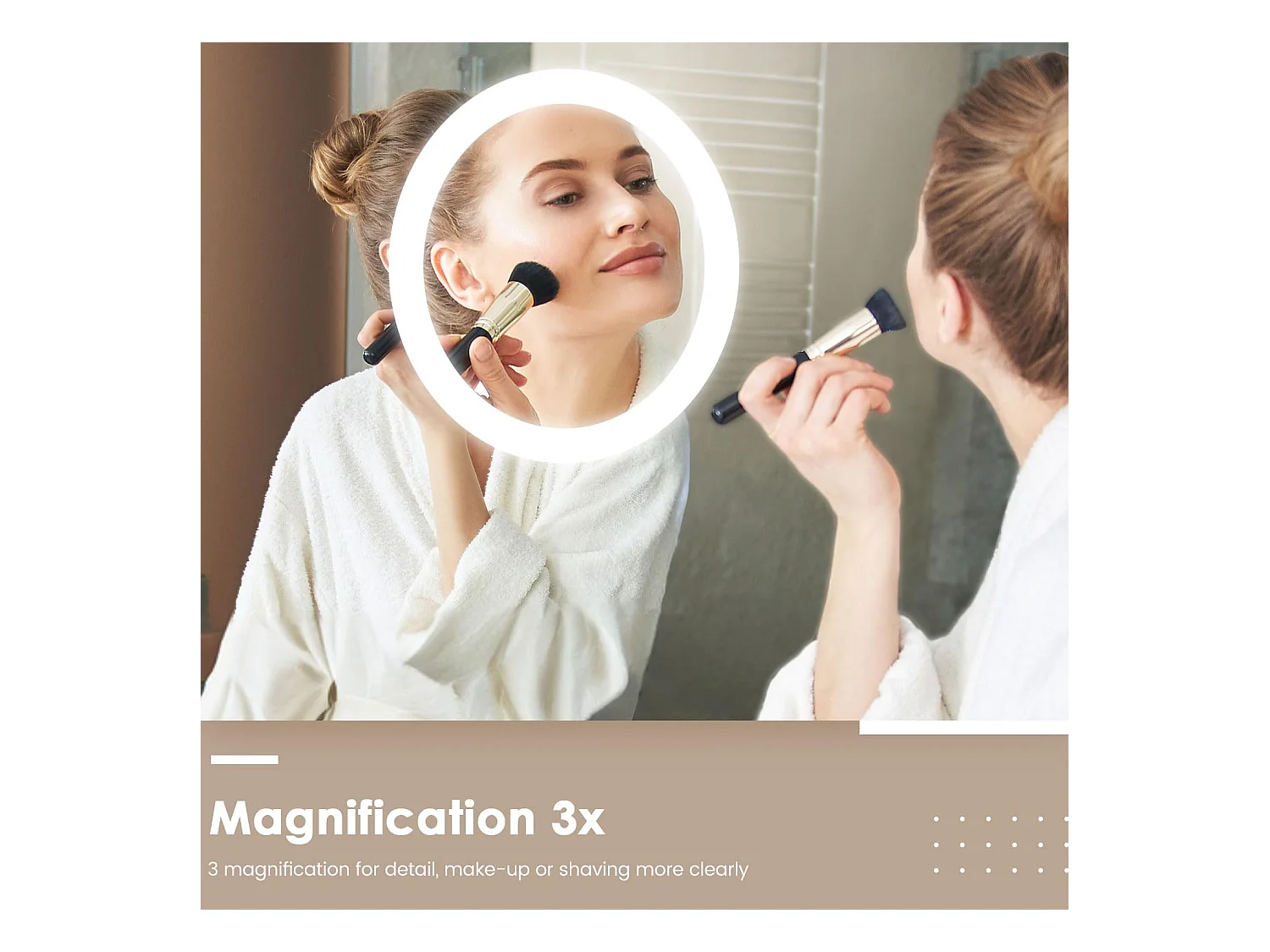 80 x 60 cm badkamerspiegel, 45 W LED, met 3x vergrootglas, anti-condens 3-kleurige dimbare verlichting, geïntegreerde scheerstopcontact, IP44 waterdicht