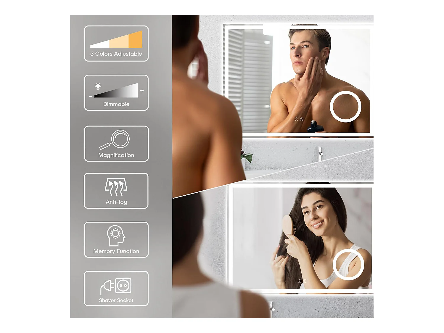 80 x 60 cm badkamerspiegel, 45 W LED, met 3x vergrootglas, anti-condens 3-kleurige dimbare verlichting, geïntegreerde scheerstopcontact, IP44 waterdicht