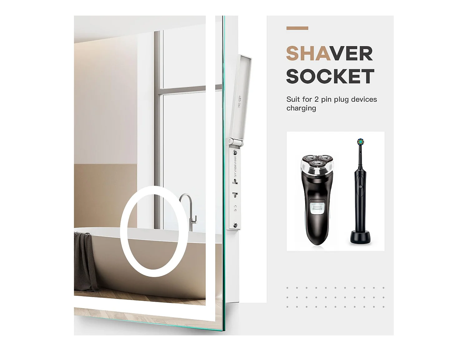 80 x 60 cm badkamerspiegel, 45 W LED, met 3x vergrootglas, anti-condens 3-kleurige dimbare verlichting, geïntegreerde scheerstopcontact, IP44 waterdicht