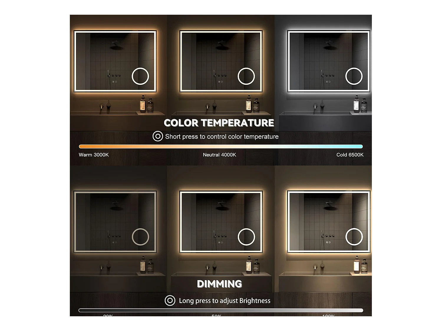 80 x 60 cm badkamerspiegel, 45 W LED, met 3x vergrootglas, anti-condens 3-kleurige dimbare verlichting, geïntegreerde scheerstopcontact, IP44 waterdicht