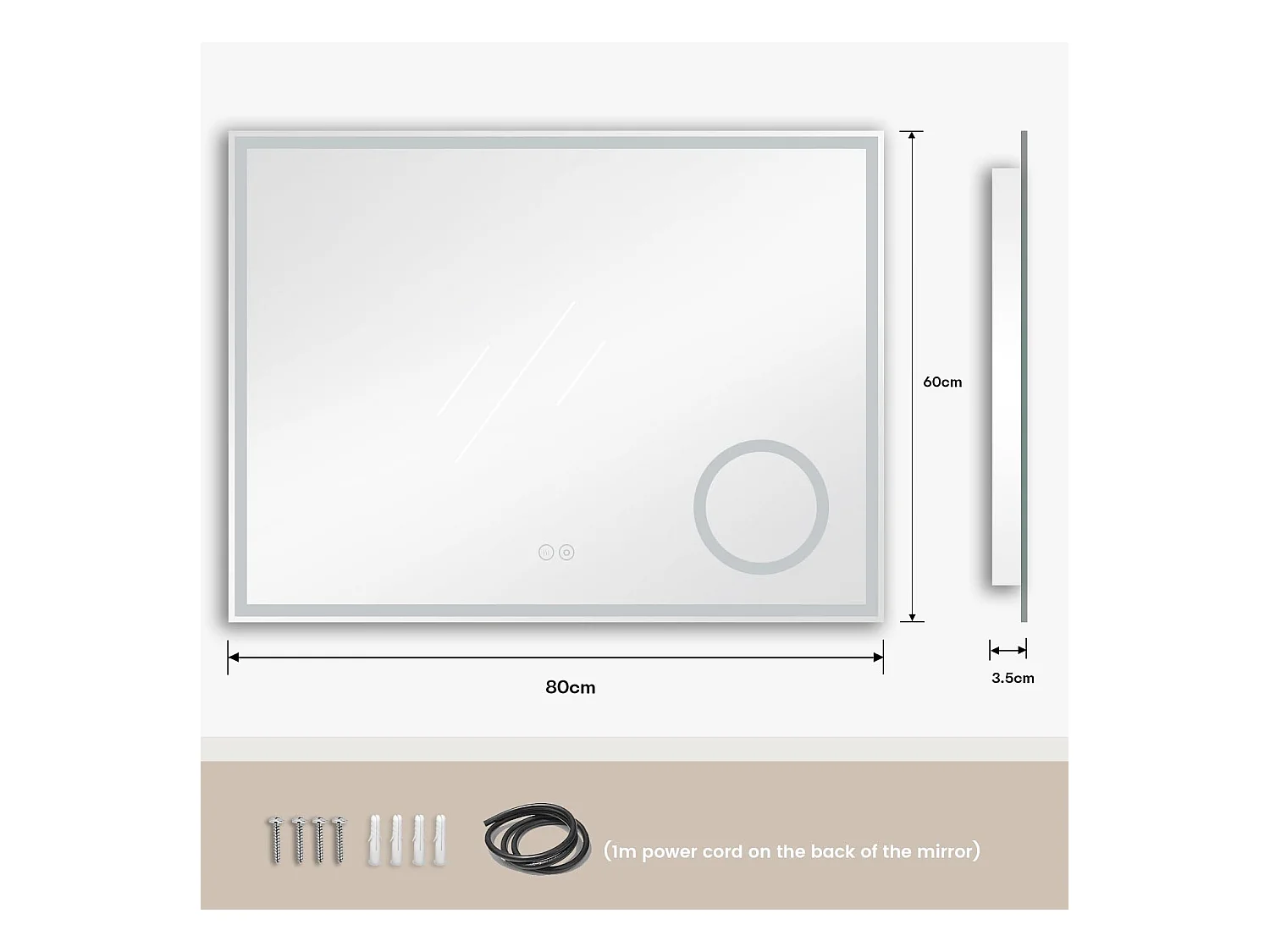 80 x 60 cm badkamerspiegel, 45 W LED, met 3x vergrootglas, anti-condens 3-kleurige dimbare verlichting, geïntegreerde scheerstopcontact, IP44 waterdicht