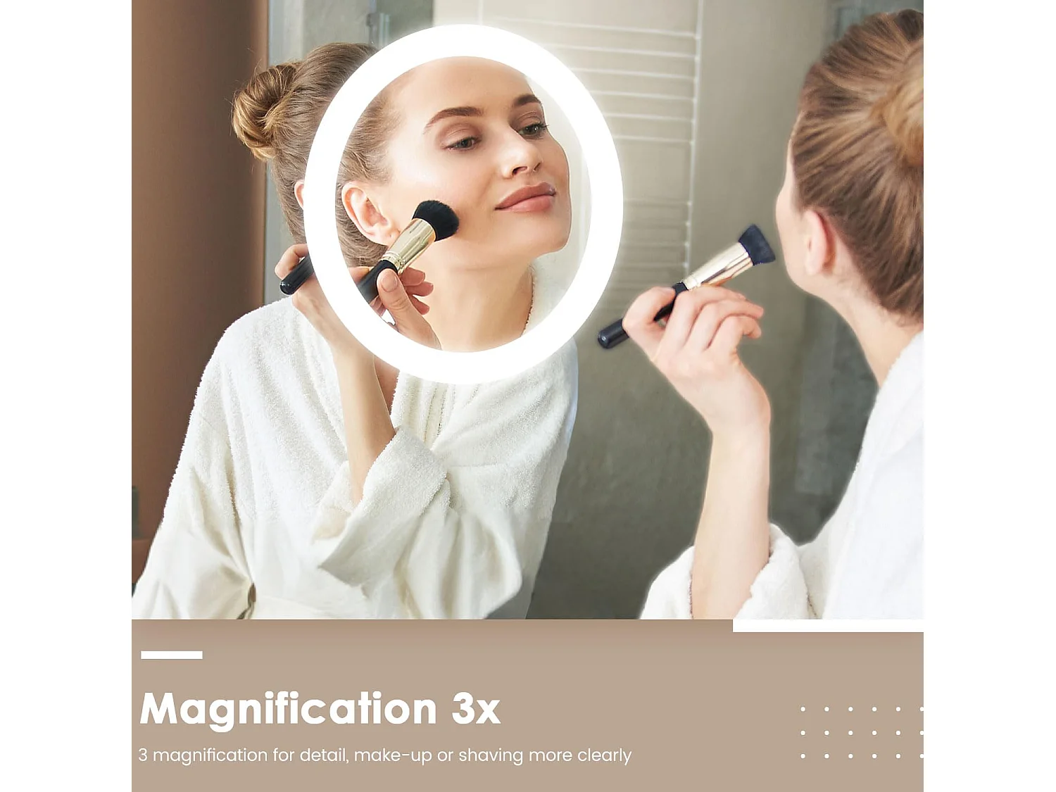 80 x 60 cm badkamerspiegel, 45 W LED, met 3x vergrootglas, anti-condens 3-kleurige dimbare verlichting, geïntegreerde scheerstopcontact, IP44 waterdicht