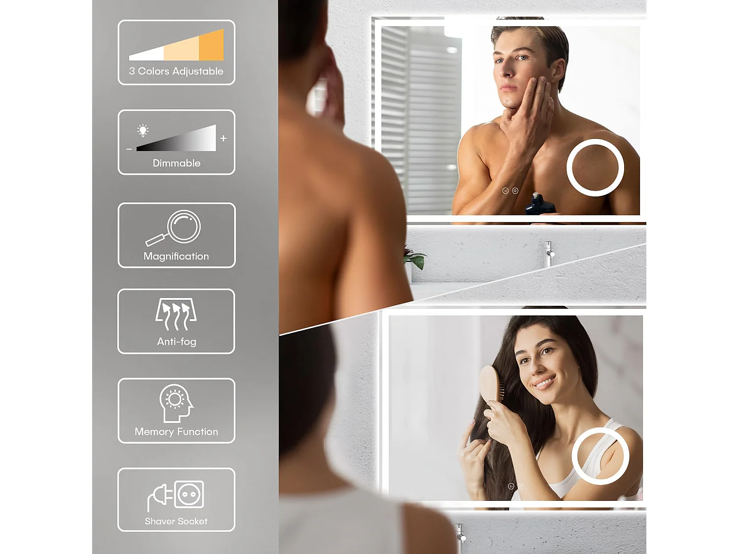 80 x 60 cm badkamerspiegel, 45 W LED, met 3x vergrootglas, anti-condens 3-kleurige dimbare verlichting, geïntegreerde scheerstopcontact, IP44 waterdicht