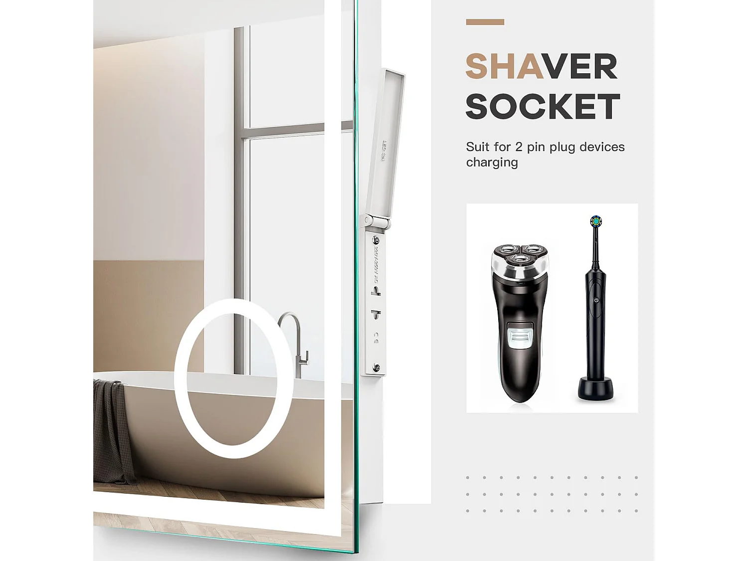 80 x 60 cm badkamerspiegel, 45 W LED, met 3x vergrootglas, anti-condens 3-kleurige dimbare verlichting, geïntegreerde scheerstopcontact, IP44 waterdicht