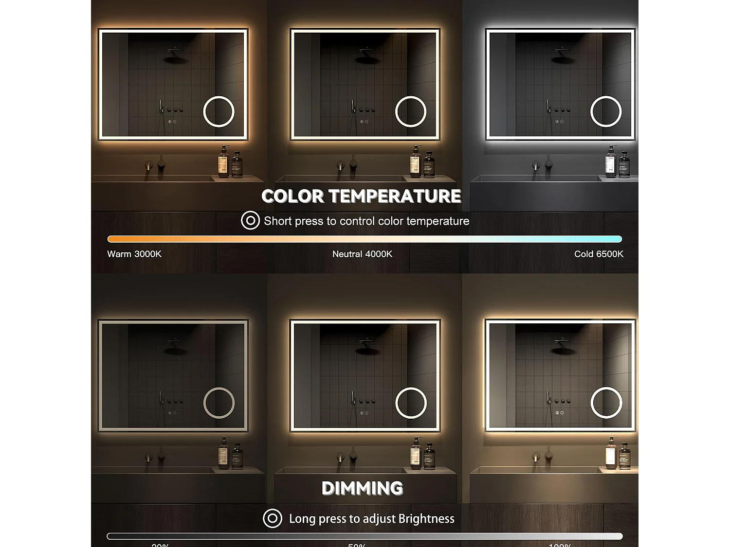 80 x 60 cm badkamerspiegel, 45 W LED, met 3x vergrootglas, anti-condens 3-kleurige dimbare verlichting, geïntegreerde scheerstopcontact, IP44 waterdicht