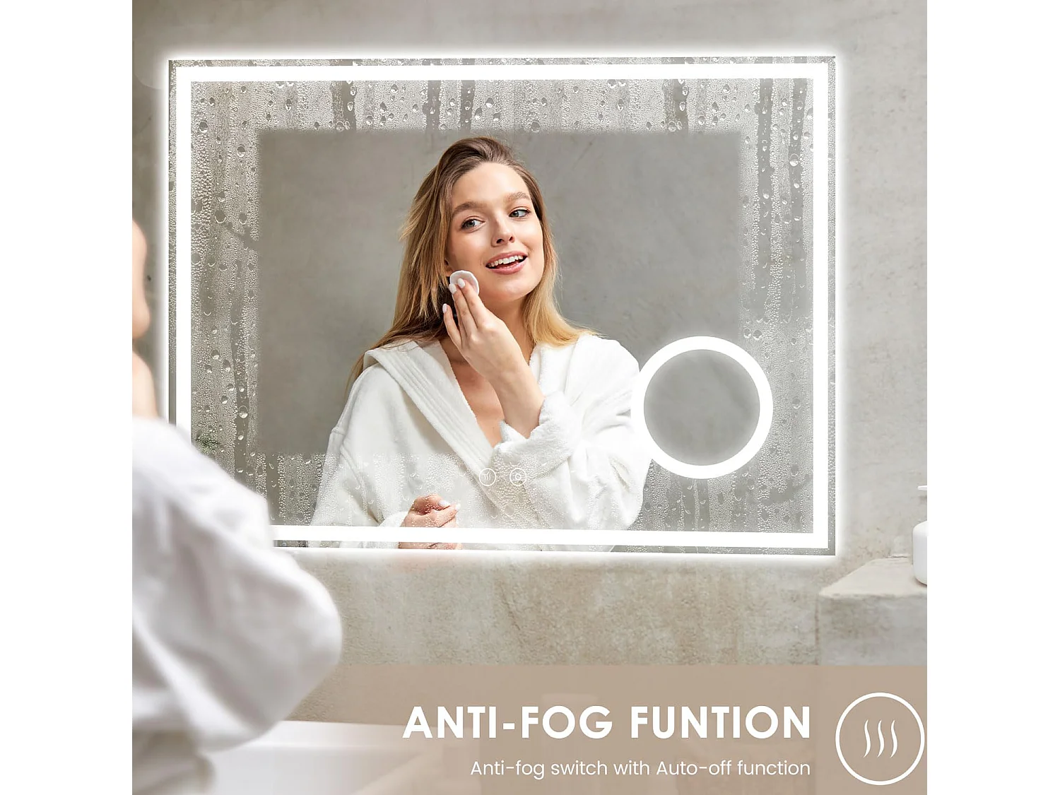 80 x 60 cm badkamerspiegel, 45 W LED, met 3x vergrootglas, anti-condens 3-kleurige dimbare verlichting, geïntegreerde scheerstopcontact, IP44 waterdicht