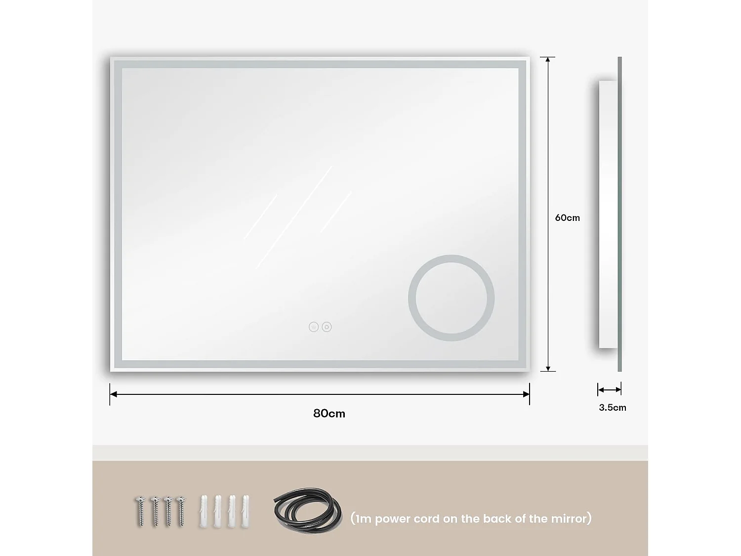 80 x 60 cm badkamerspiegel, 45 W LED, met 3x vergrootglas, anti-condens 3-kleurige dimbare verlichting, geïntegreerde scheerstopcontact, IP44 waterdicht
