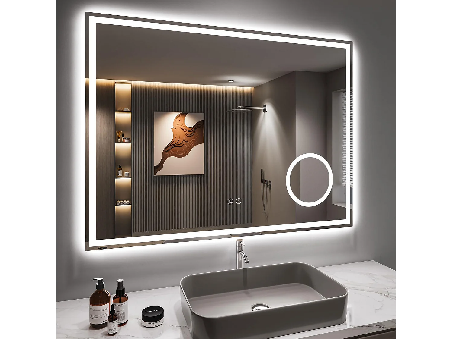 80 x 60 cm badkamerspiegel, 45 W LED, met 3x vergrootglas, anti-condens 3-kleurige dimbare verlichting, geïntegreerde scheerstopcontact, IP44 waterdicht