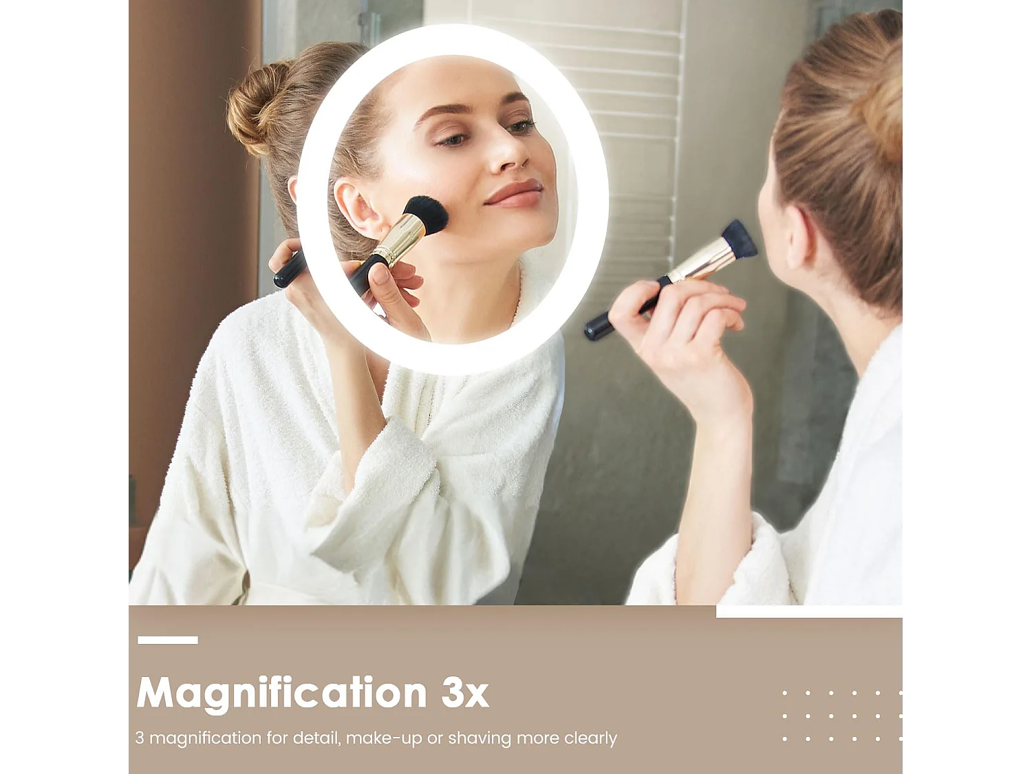 80 x 60 cm badkamerspiegel, 45 W LED, met 3x vergrootglas, anti-condens 3-kleurige dimbare verlichting, geïntegreerde scheerstopcontact, IP44 waterdicht