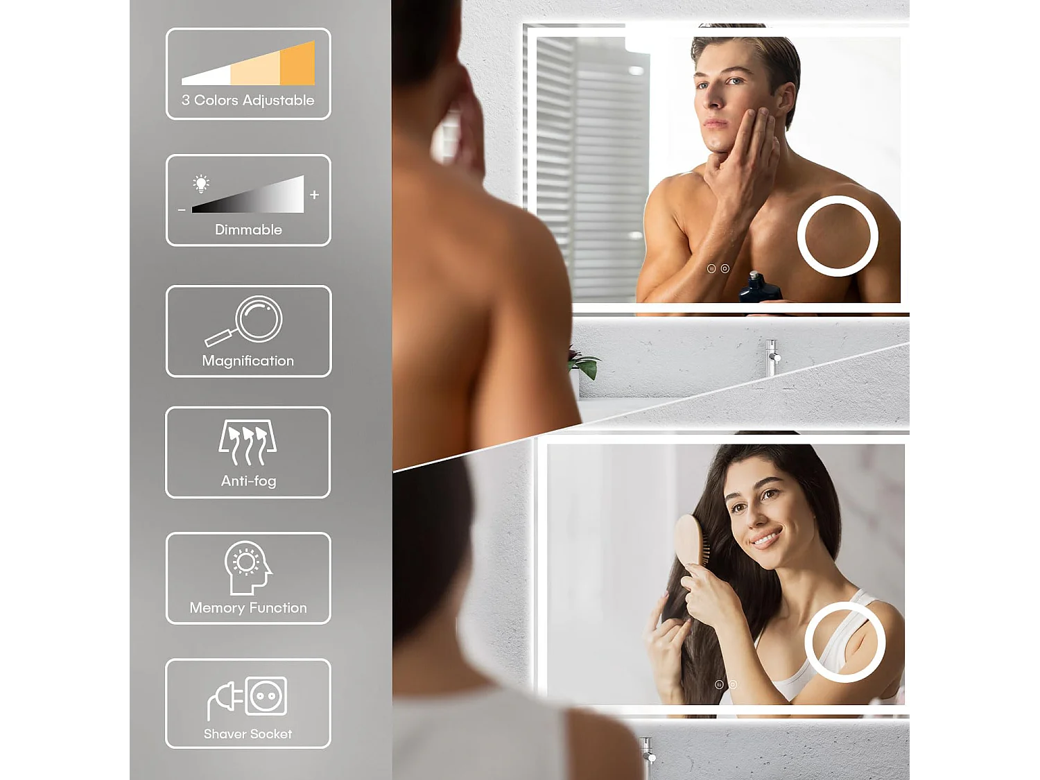 80 x 60 cm badkamerspiegel, 45 W LED, met 3x vergrootglas, anti-condens 3-kleurige dimbare verlichting, geïntegreerde scheerstopcontact, IP44 waterdicht