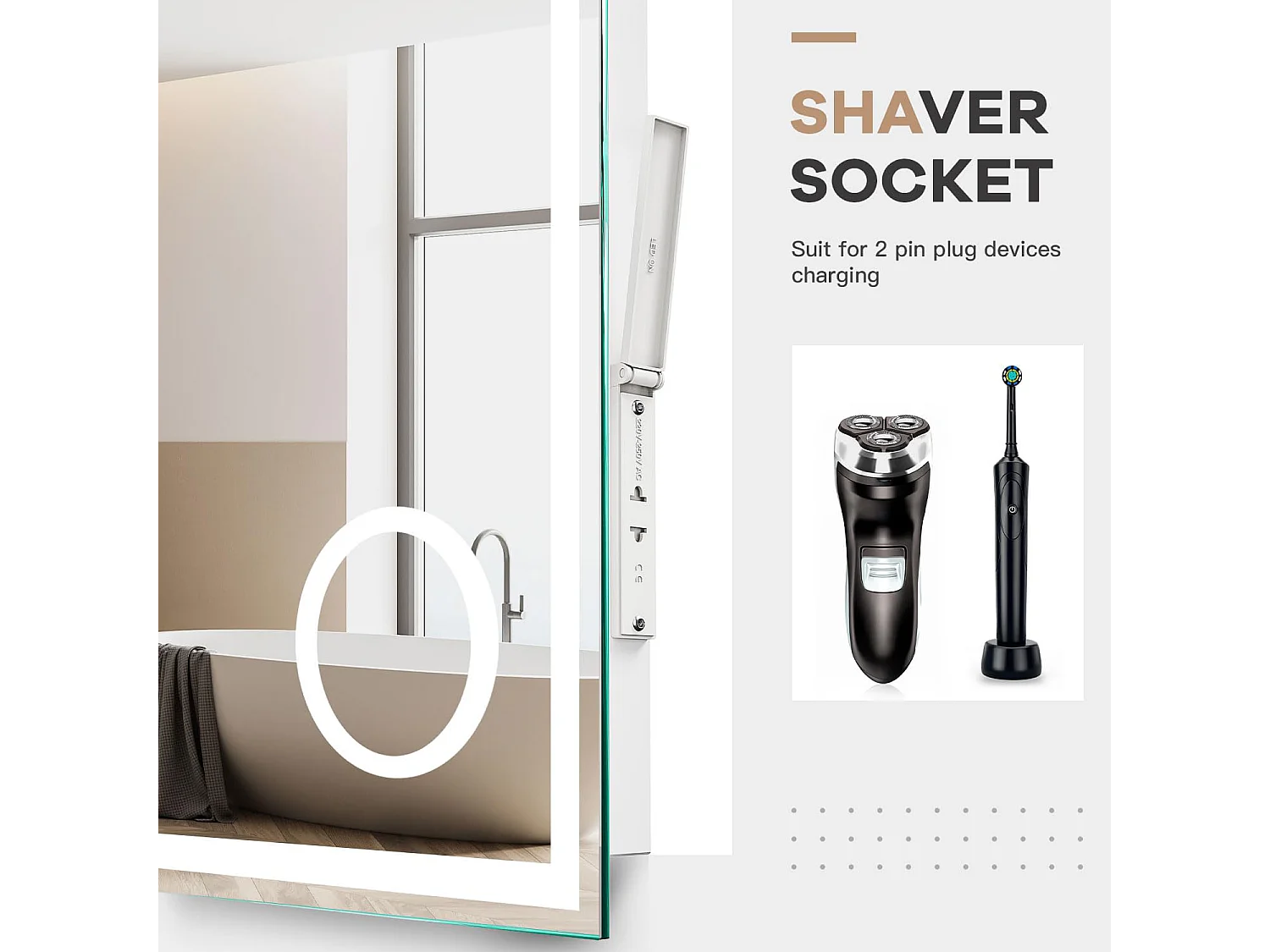 80 x 60 cm badkamerspiegel, 45 W LED, met 3x vergrootglas, anti-condens 3-kleurige dimbare verlichting, geïntegreerde scheerstopcontact, IP44 waterdicht