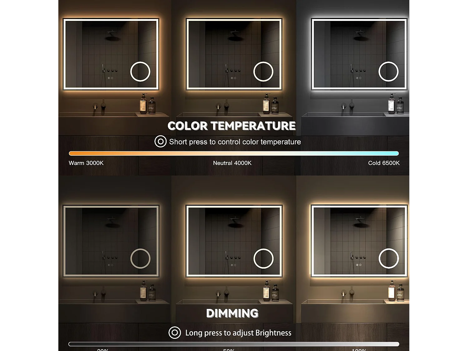 80 x 60 cm badkamerspiegel, 45 W LED, met 3x vergrootglas, anti-condens 3-kleurige dimbare verlichting, geïntegreerde scheerstopcontact, IP44 waterdicht