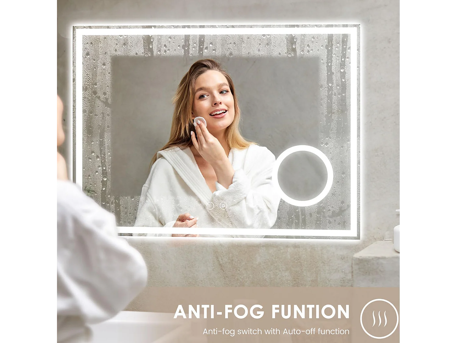 80 x 60 cm badkamerspiegel, 45 W LED, met 3x vergrootglas, anti-condens 3-kleurige dimbare verlichting, geïntegreerde scheerstopcontact, IP44 waterdicht