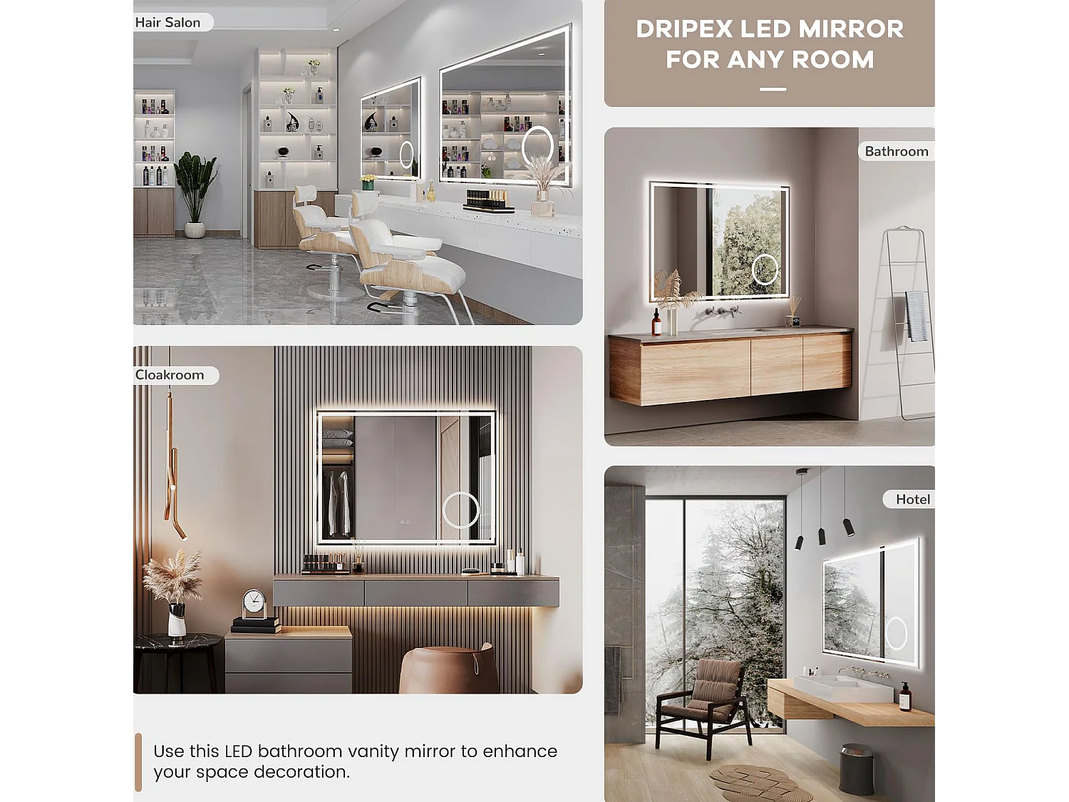 80 x 60 cm badkamerspiegel, 45 W LED, met 3x vergrootglas, anti-condens 3-kleurige dimbare verlichting, geïntegreerde scheerstopcontact, IP44 waterdicht