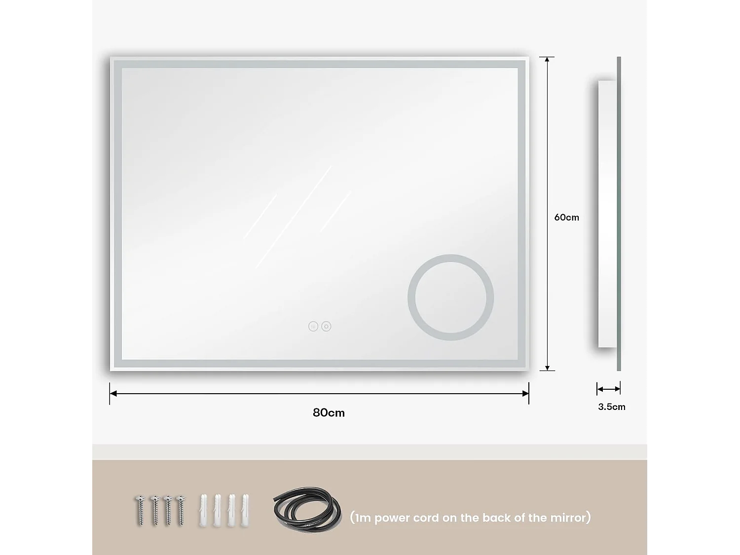 80 x 60 cm badkamerspiegel, 45 W LED, met 3x vergrootglas, anti-condens 3-kleurige dimbare verlichting, geïntegreerde scheerstopcontact, IP44 waterdicht