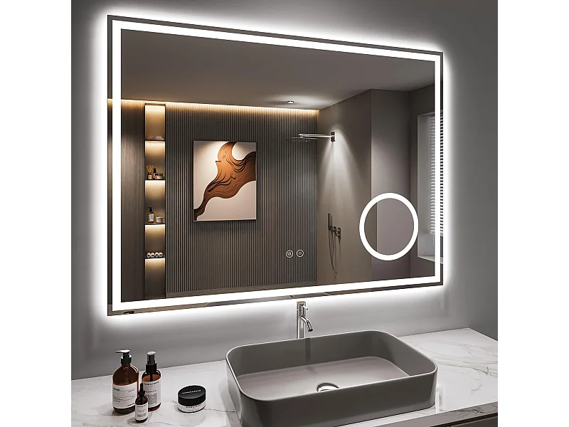 80 x 60 cm badkamerspiegel, 45 W LED, met 3x vergrootglas, anti-condens 3-kleurige dimbare verlichting, geïntegreerde scheerstopcontact, IP44 waterdicht