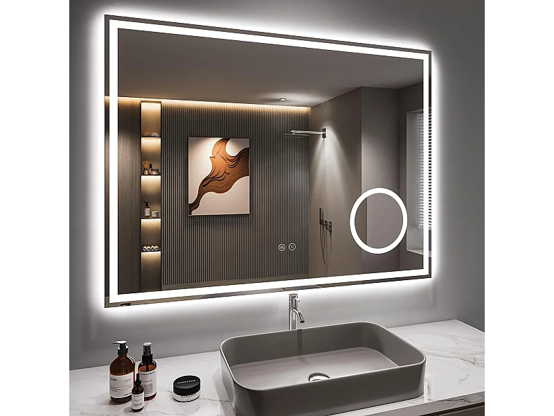 80 x 60 cm badkamerspiegel, 45 W LED, met 3x vergrootglas, anti-condens 3-kleurige dimbare verlichting, geïntegreerde scheerstopcontact, IP44 waterdicht