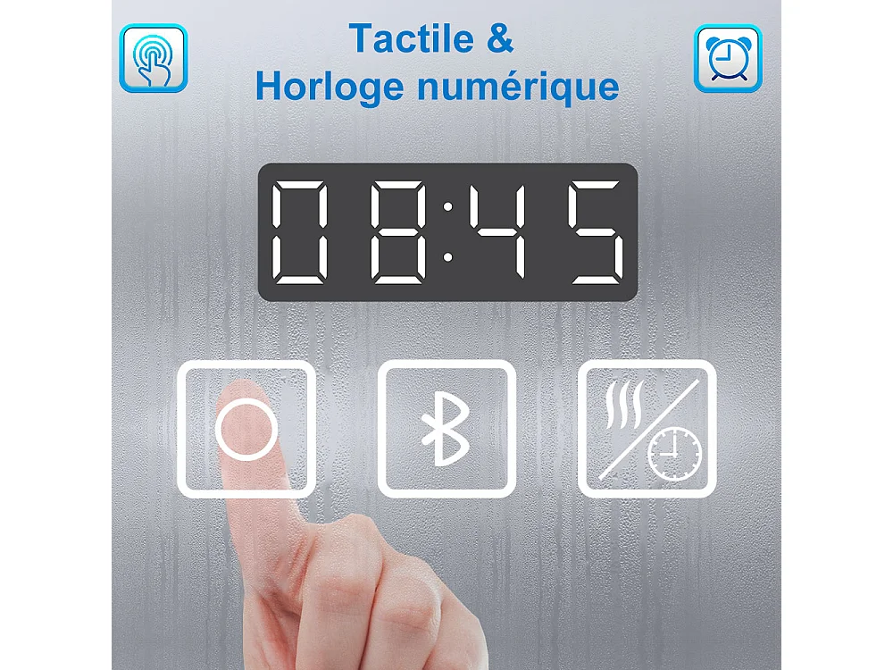 AICA Miroir de salle de bain LED Bluetooth 100x60 cm, Tricolore + Horloge + Dimmable + Mémoire + Anti-Buée