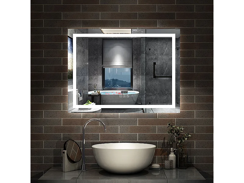 AICA Miroir de salle de bain LED Bluetooth 100x60 cm, Tricolore + Horloge + Dimmable + Mémoire + Anti-Buée