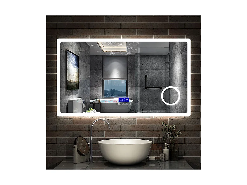 AICA Miroir de salle de bain LED Bluetooth, 140x80cm Anti-Buée, 3x Loupe, 3 couleurs de lumière, Dimmable