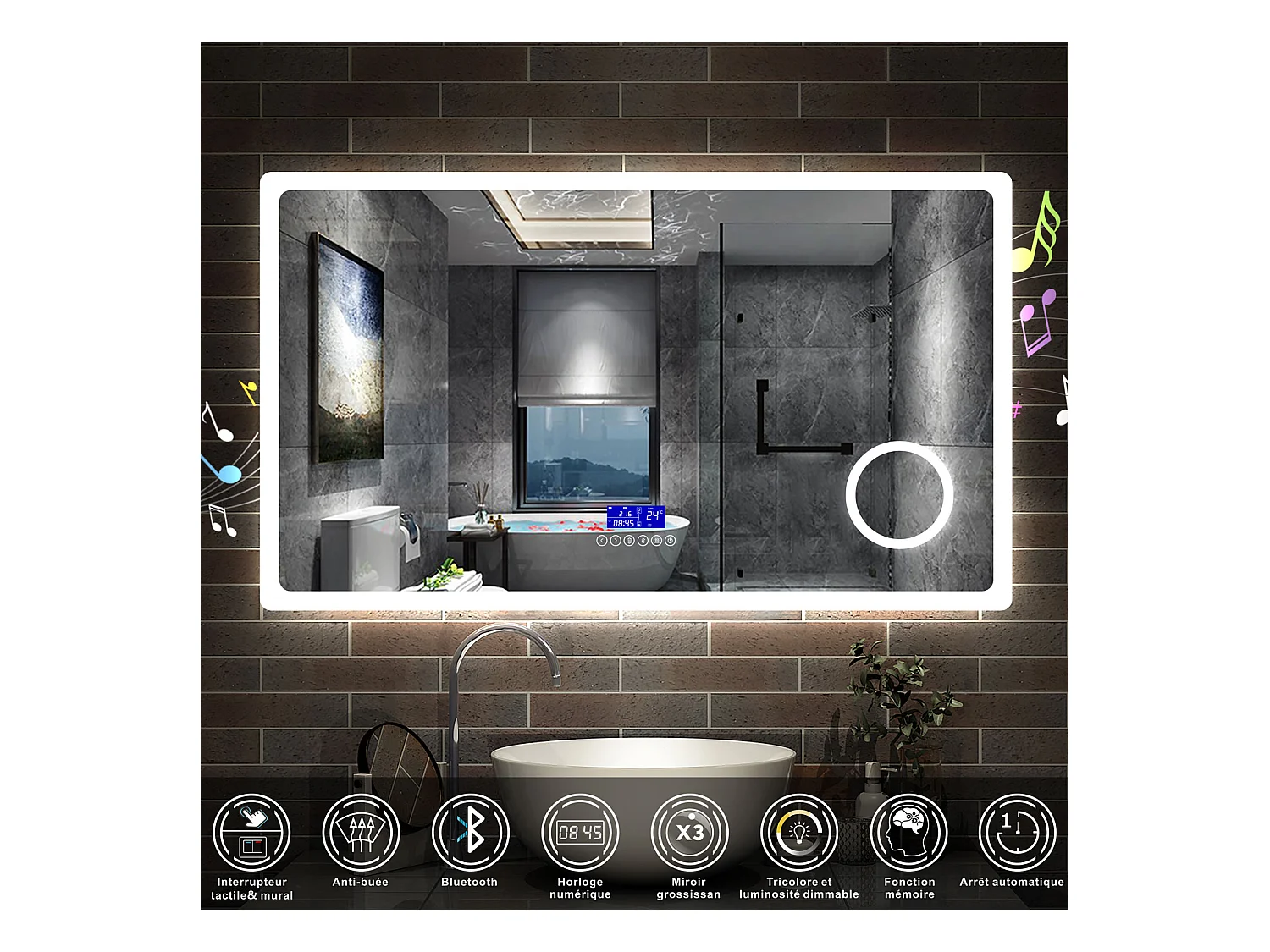 AICA Miroir de salle de bain LED Bluetooth, 140x80cm Anti-Buée, 3x Loupe, 3 couleurs de lumière, Dimmable