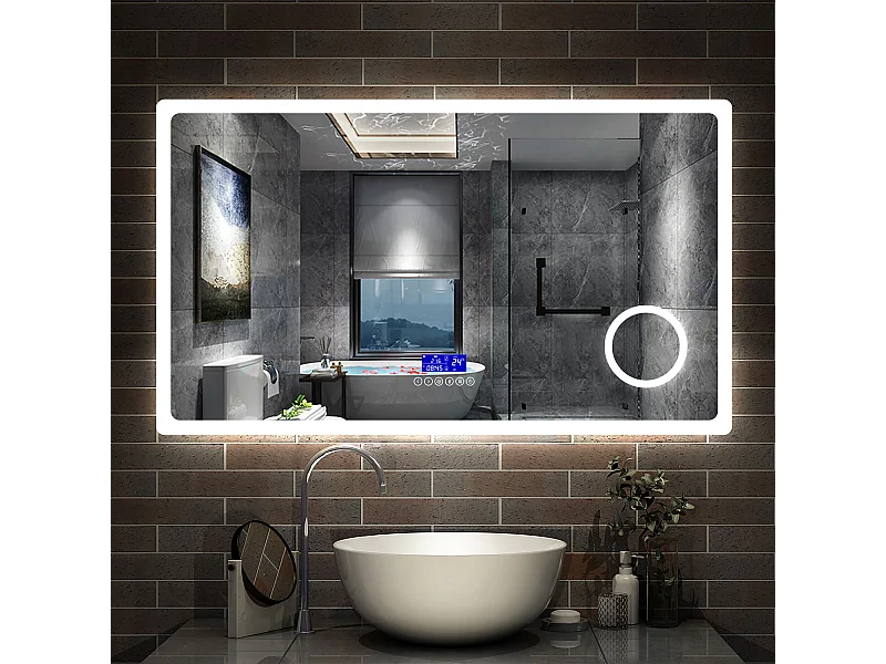 AICA Miroir de salle de bain LED Bluetooth, 140x80cm Anti-Buée, 3x Loupe, 3 couleurs de lumière, Dimmable