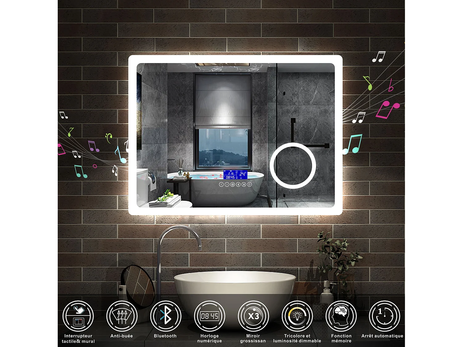 AICA Miroir de salle de bain LED Bluetooth, 100x60cm Anti-Buée, 3x Loupe, 3 couleurs de lumière, Dimmable