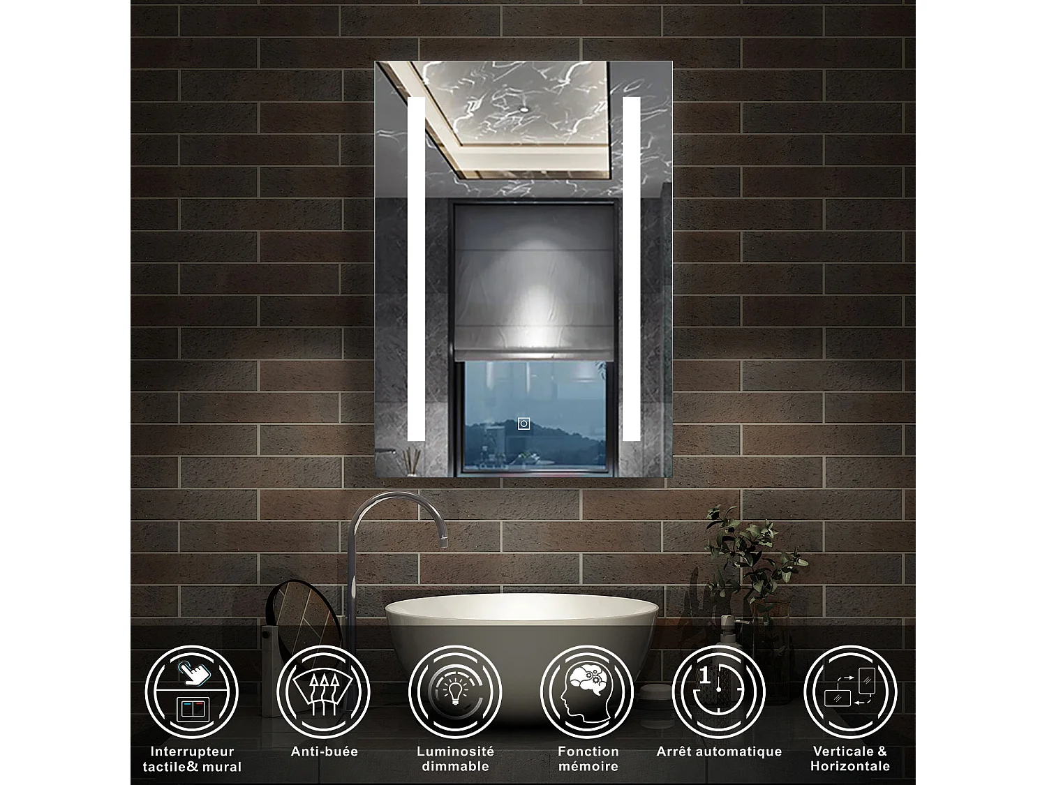 AICA Miroir de salle de bain 70x50cm avec Dimmable, Anti-Buée et Mémoire, CE IP44, miroir mural