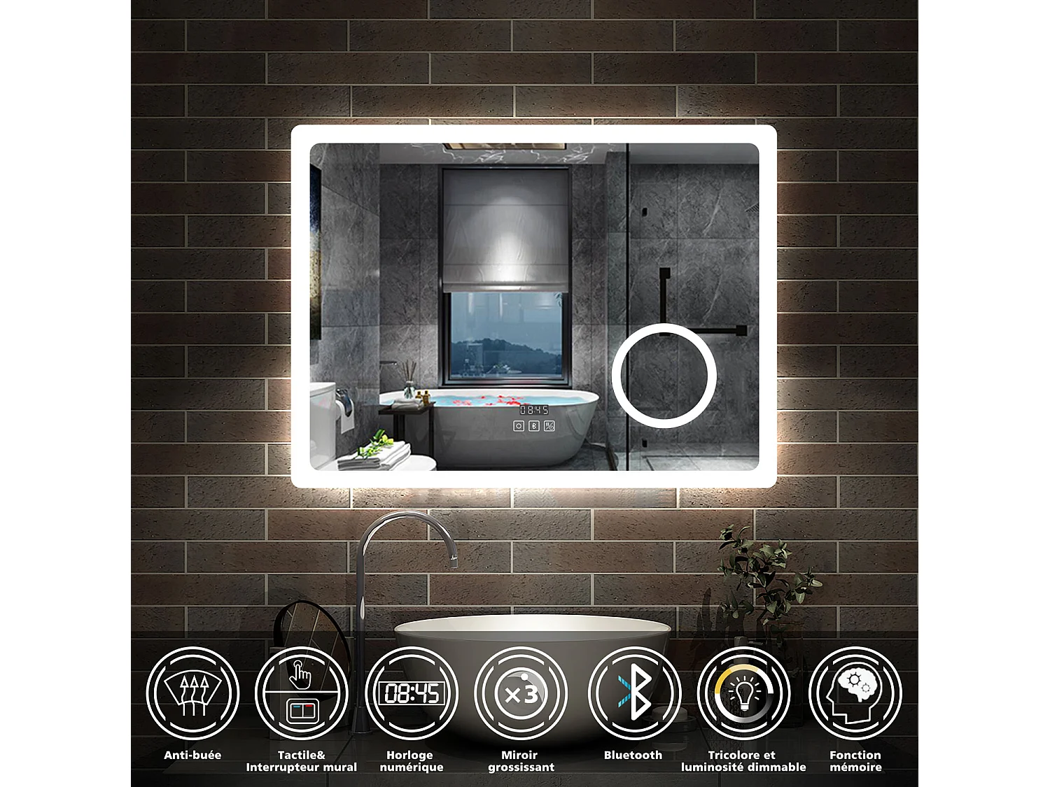 AICA Miroir salle de bain Bluetooth 100x60cm + 3x Loupe + Horloge + Tricolore + Anti-Buée Dimmable,Mémoire,tactile,LED