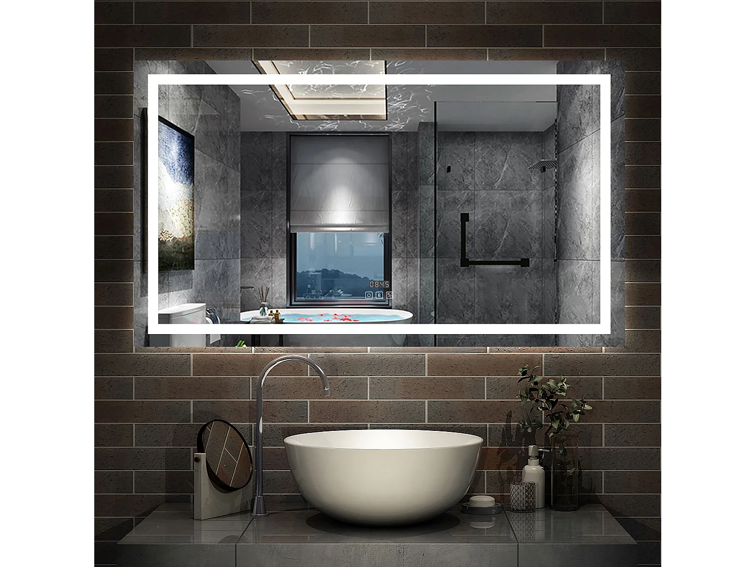 AICA Miroir de salle de bain LED Bluetooth 140x80 cm, Tricolore + Horloge + Dimmable + Mémoire + Anti-Buée