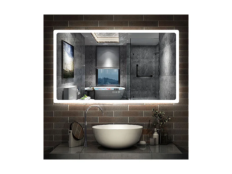 AICA Miroir Bluetooth 140x80 cm, Tricolore + Horloge + Mémoire + Dimmable + Anti-Buée, miroir LED étanche CE IP44